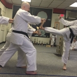 Miss Kenney breaking boards with side kick